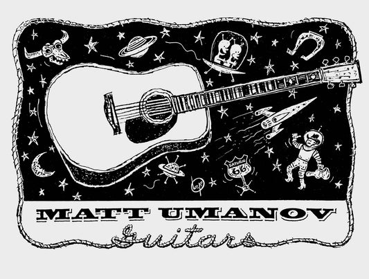 Matt Umanov Guitar logo with acoustic guitar and space cowboy theme.